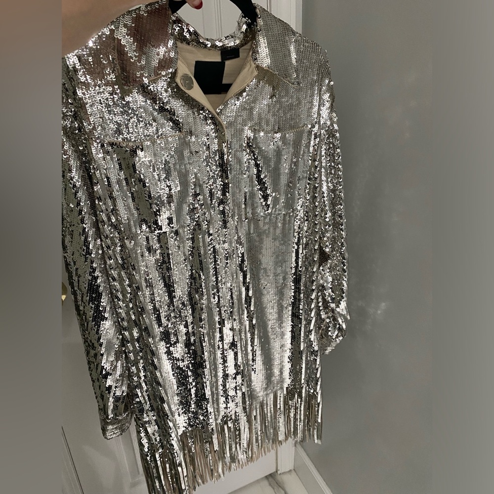 Pinko Silver Sequin Fringe Midi Dress